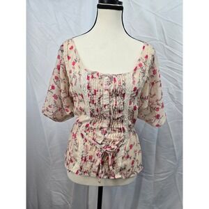Guess Jeans Women XS Floral Lace Trim Smocked Waist Boho Cottagecore Blouse Pink